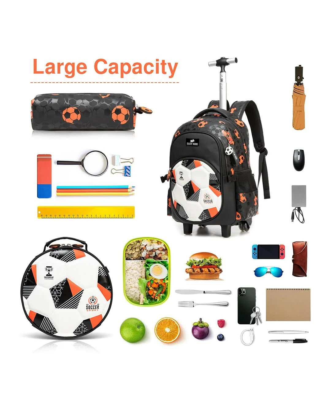 Eazy Kids Trolley School Bag Set of 3 With Lunch Bag and Pencil Case (Football Black)
