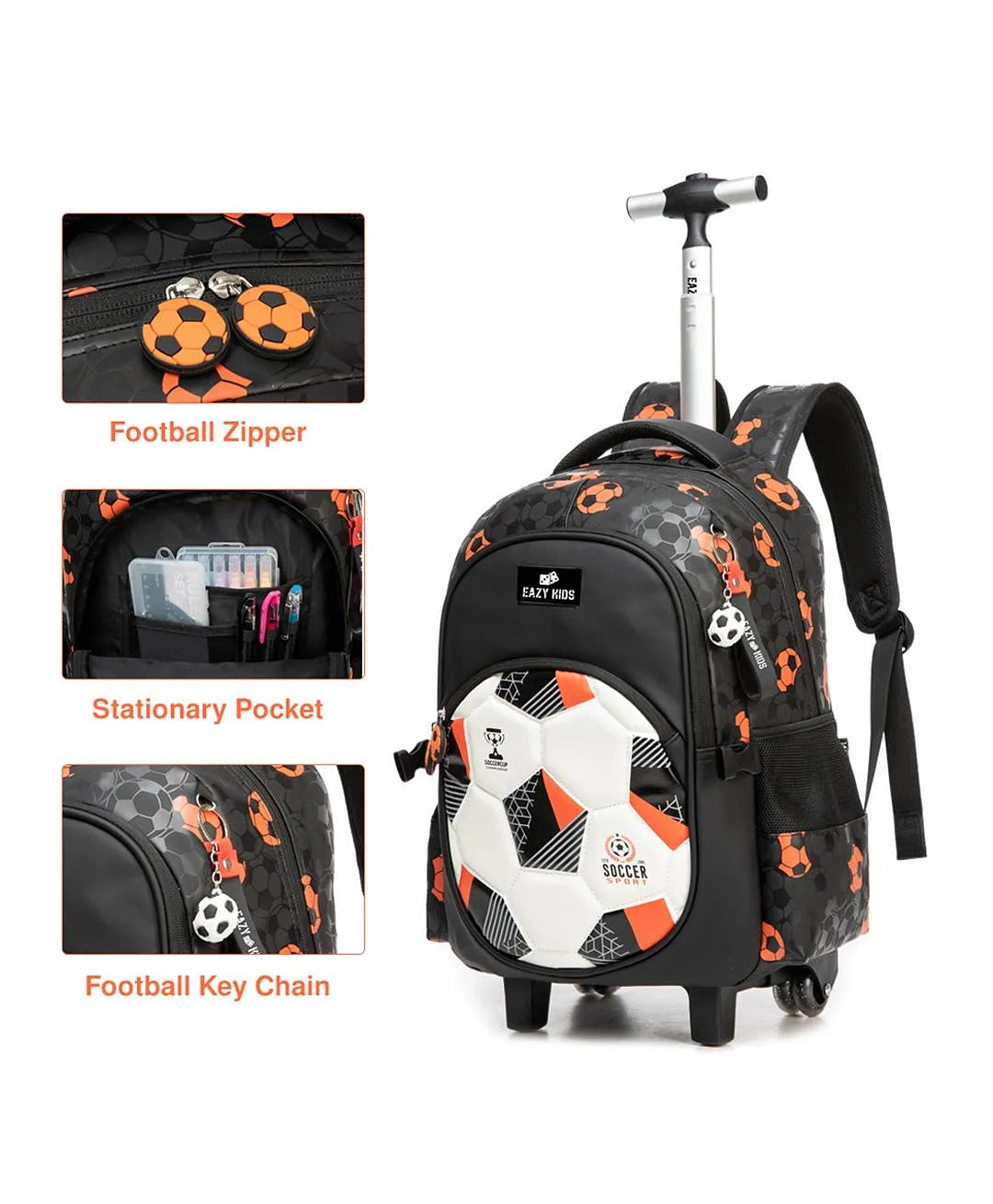 Eazy Kids Trolley School Bag Set of 3 With Lunch Bag and Pencil Case (Football Black)