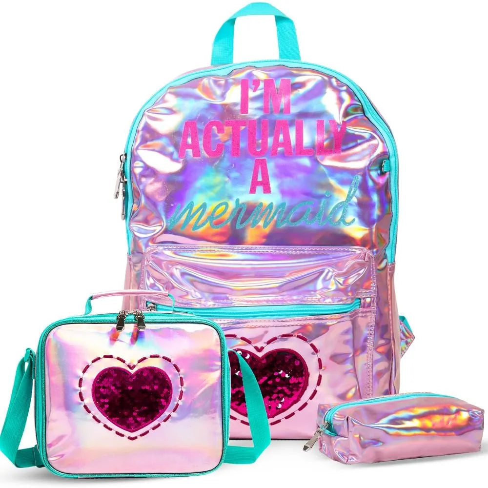 Eazy Kids 17 School Bag Lunch Bag Pencil Case Set of 3 (Mermaid Love Pink)