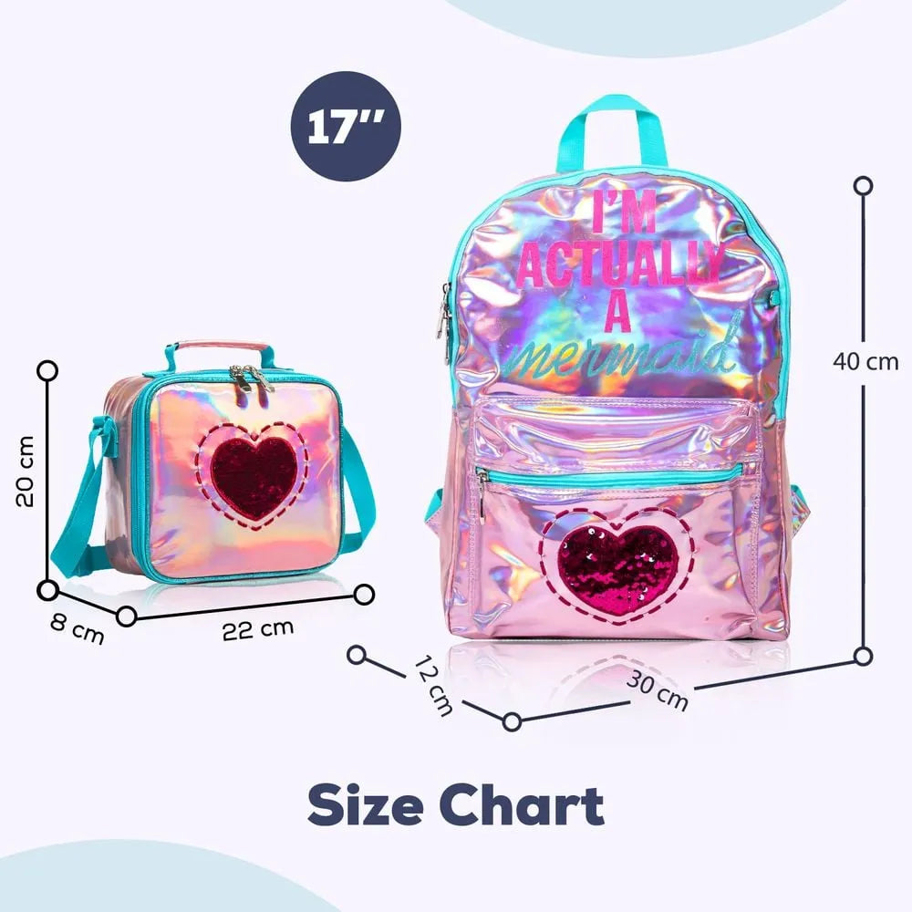 Eazy Kids 17 School Bag Lunch Bag Pencil Case Set of 3 (Mermaid Love Pink)