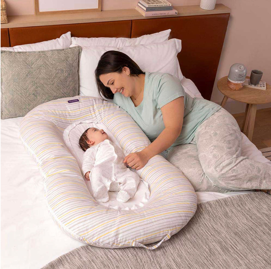 Mum2Me Maternity Pillow & Baby Pod - Grey /Yellow Stripes.