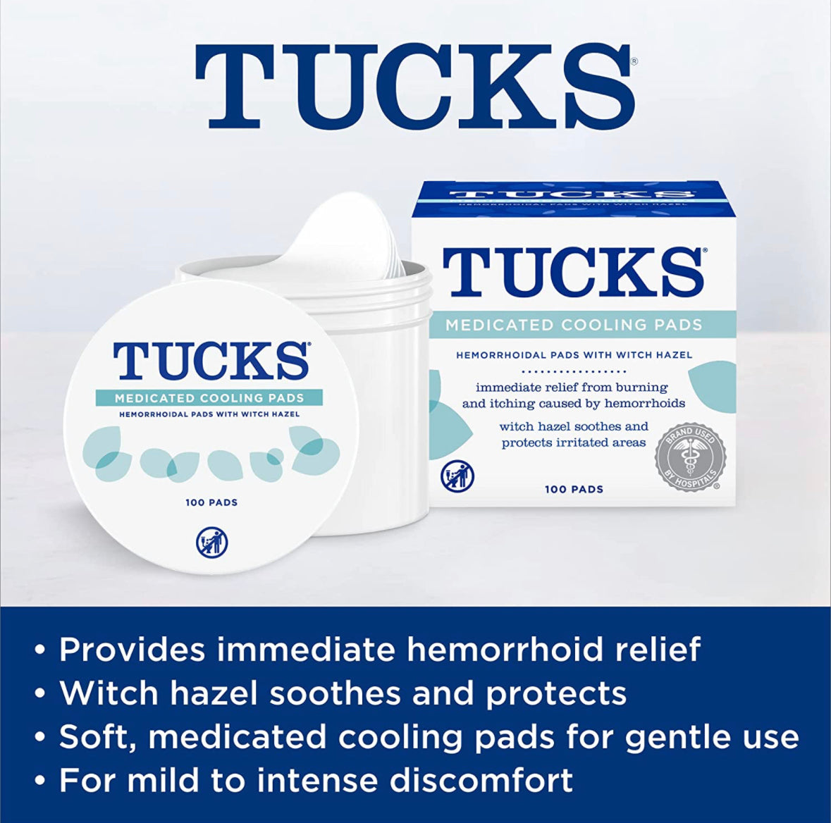 TUCKS Medicated Cooling Pads, 100 Count – Hemorrhoid Pads with Witch Hazel, Cleanses Sensitive Areas, Protects from Irritation, Hemorrhoid Treatment.