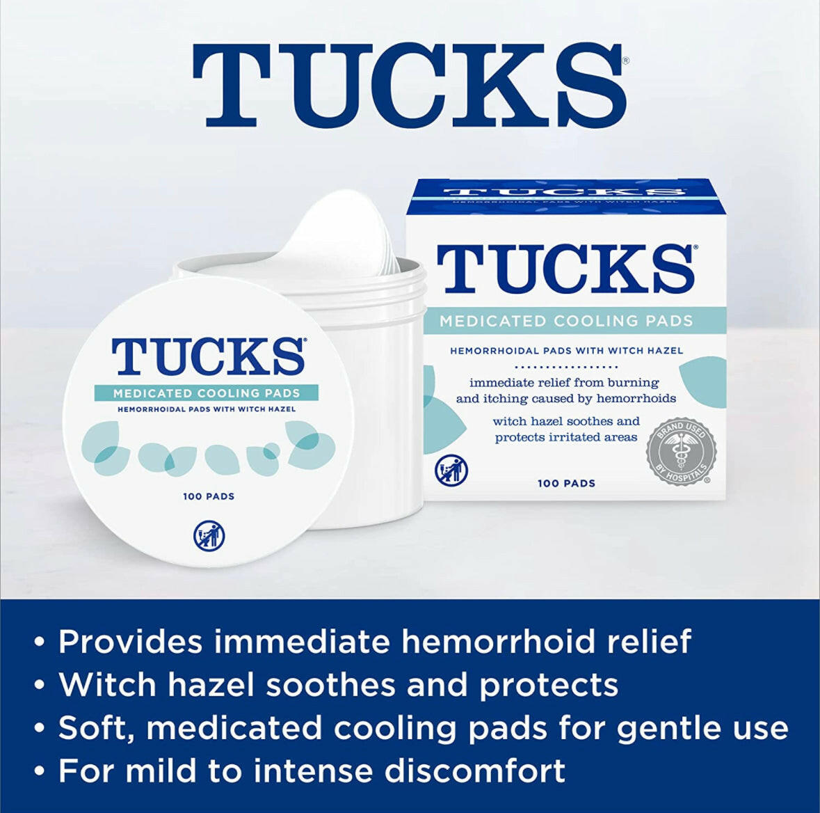 TUCKS Medicated Cooling Pads, 100 Count Hemorrhoid Pads with Witch Hazel, Cleanses Sensitive