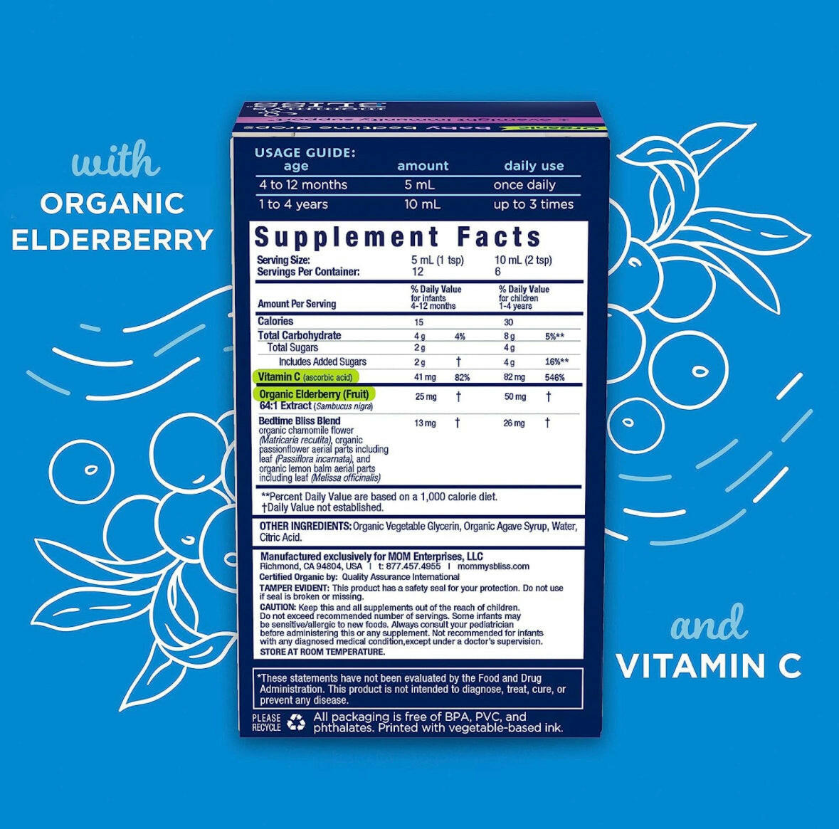 Mommy's Bliss Organic Baby Bedtime Drops + Overnight Immunity Support Promotes Restful Night, Melatonin Free, Age 4 Month+, 2 Fl Oz.