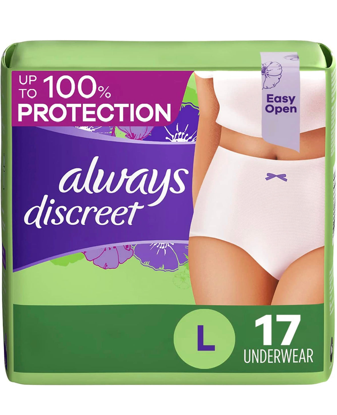 Always Discreet, Incontinence & Postpartum Underwear for Women, Maximum, Large, 17 Count.