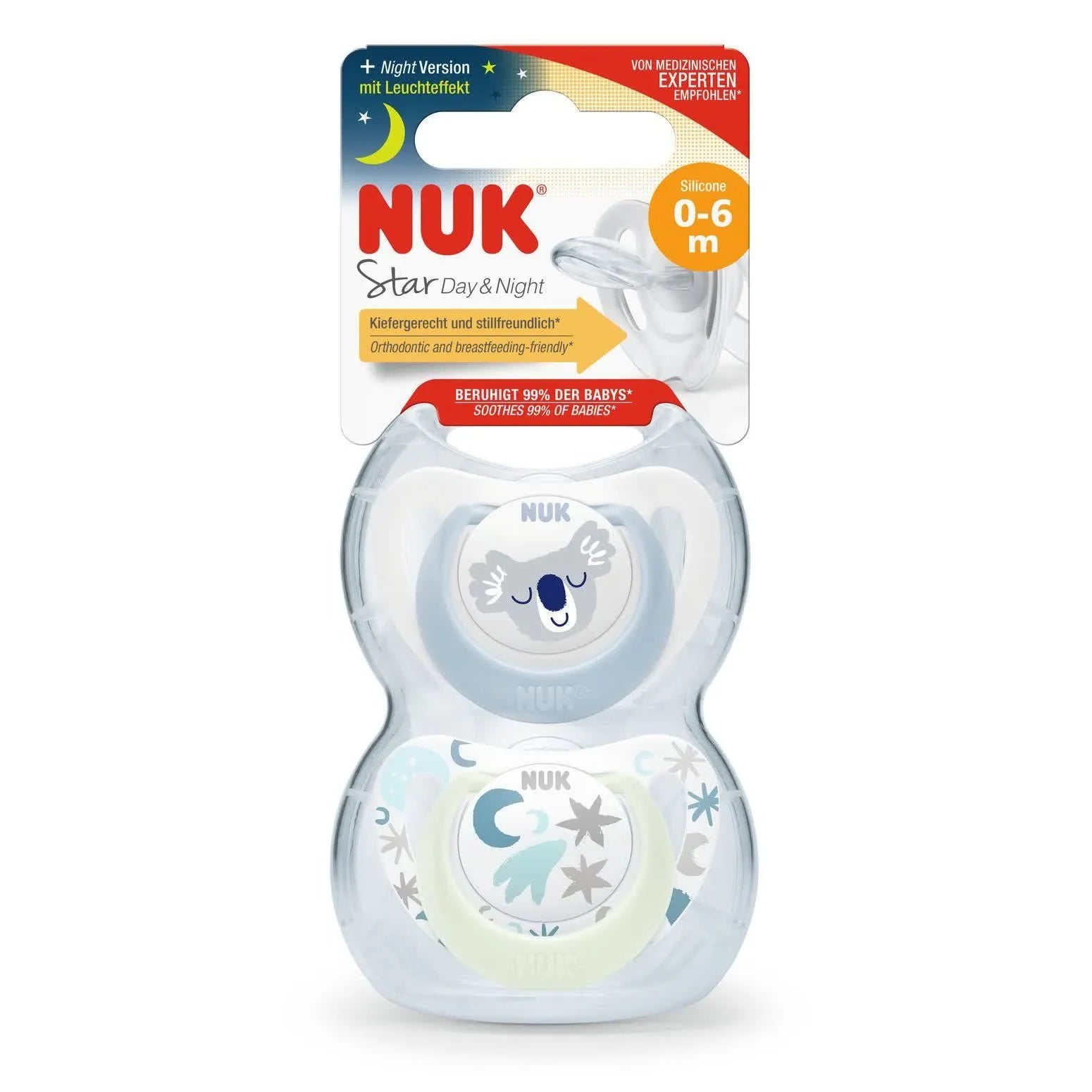 NUK Star Day & Night Silicone Soother, 0-6 Months, 2 pcs