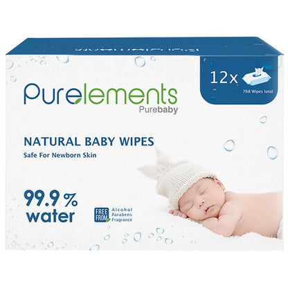 Purelements 99.9% Pure Water Wipes - Pack of 12 (768 Wipes)