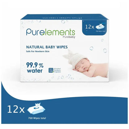Purelements 99.9% Pure Water Wipes - Pack of 12 (768 Wipes)