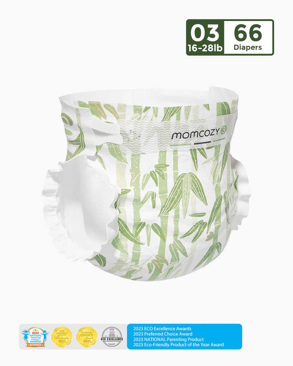Momcozy Baby Diapers, Natural Bamboo Diapers for Sensitive Skin with Leak-Proof 3D Legcuffs.