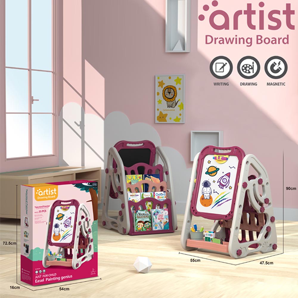 Little Story Double Sided Multifunctional Magnetic Drawing/Learning Board wt Book Shelf