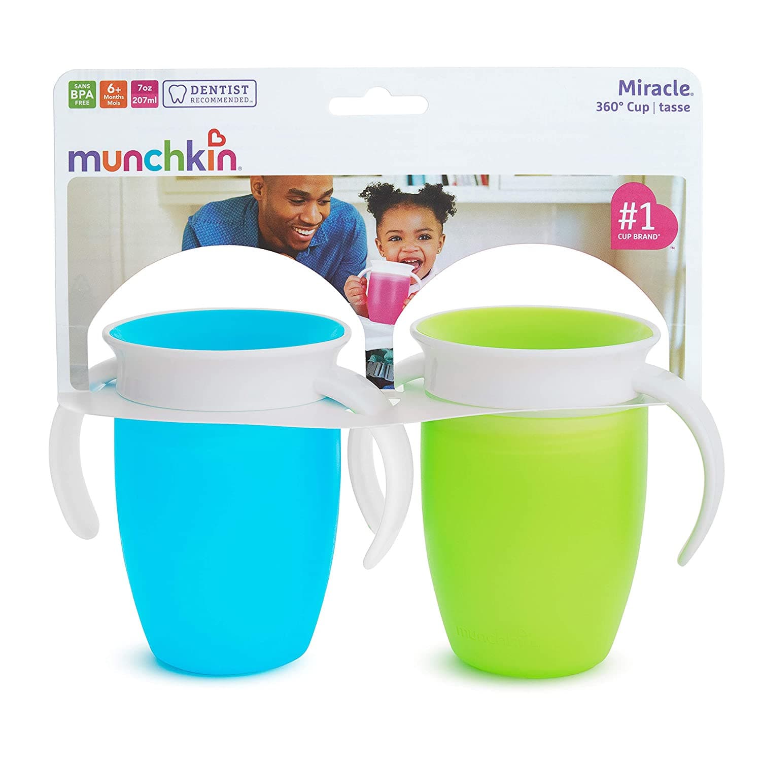 Munchkin Miracle 360 Trainer Cup, Green/Blue, 7 Oz, 2 Count.