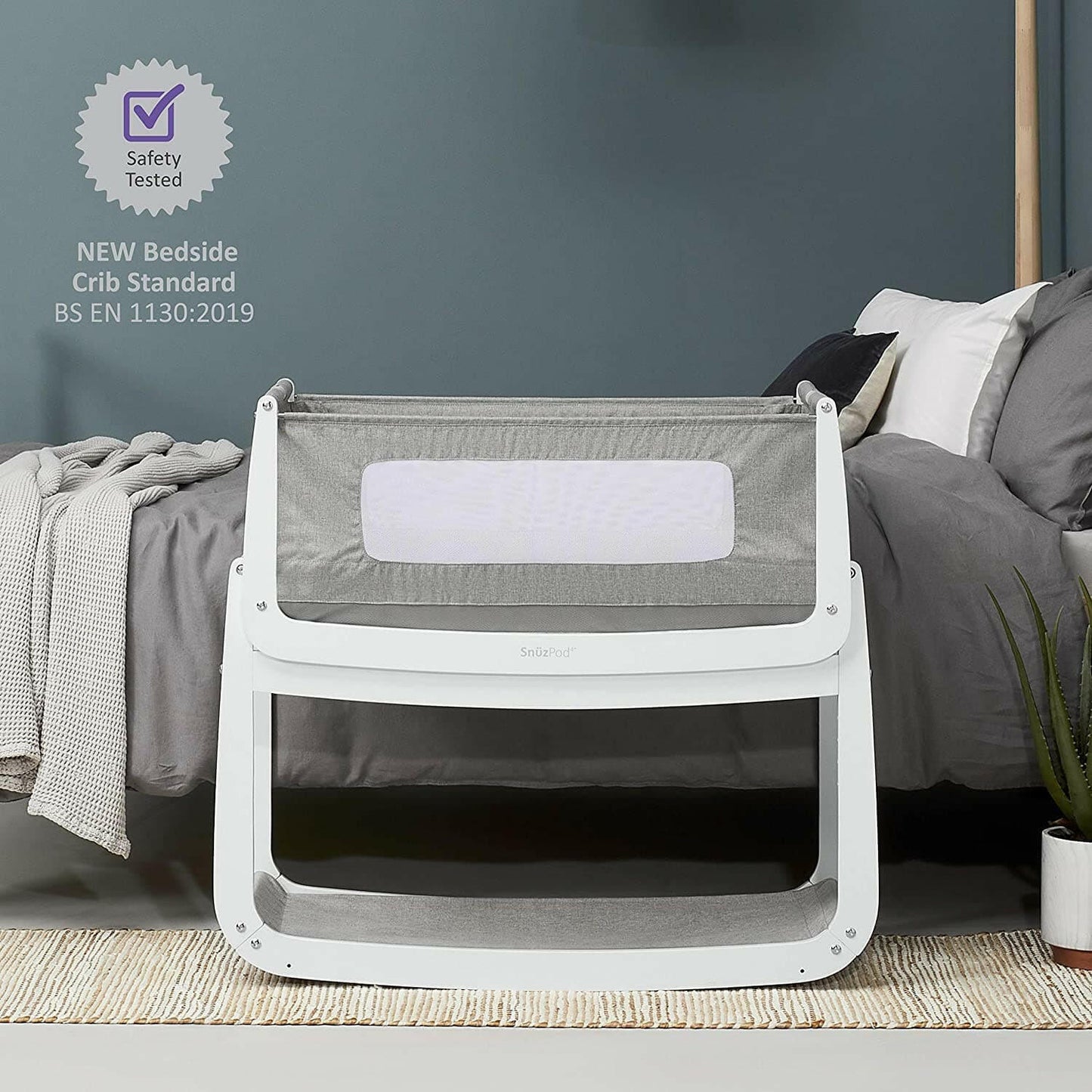 Snuzpod 4 Bedside Crib - Sleep Tight & Safe - Grey.