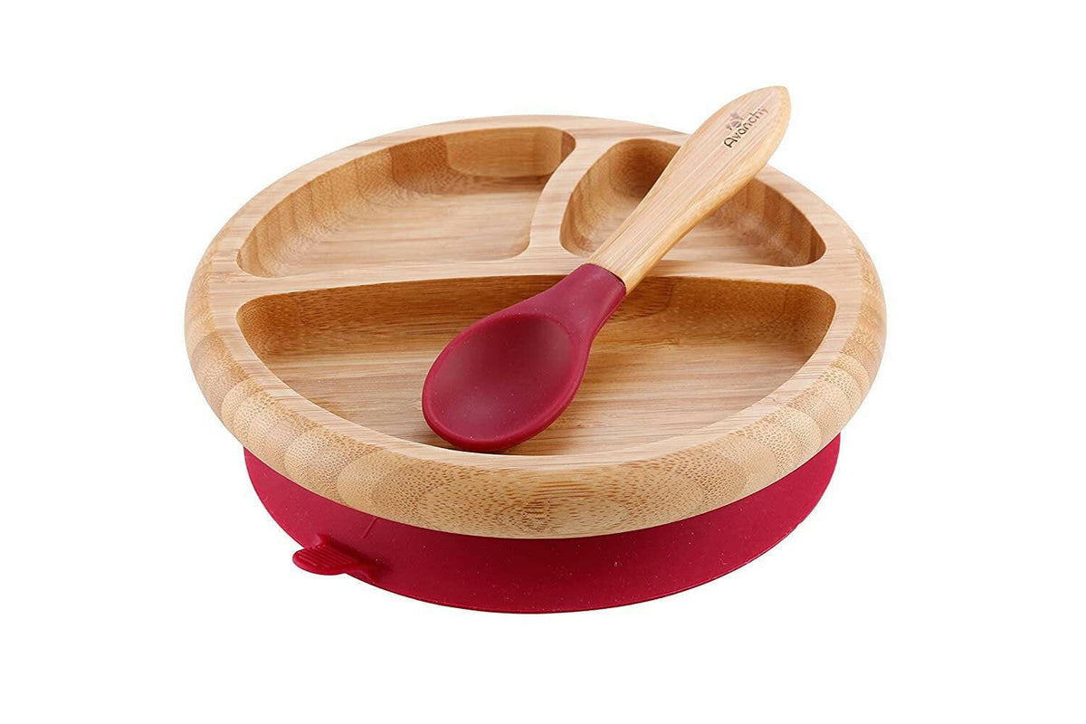 Baby Toddler Feeding Suction Plate + Soft Tip Spoon Babies Set - Red.