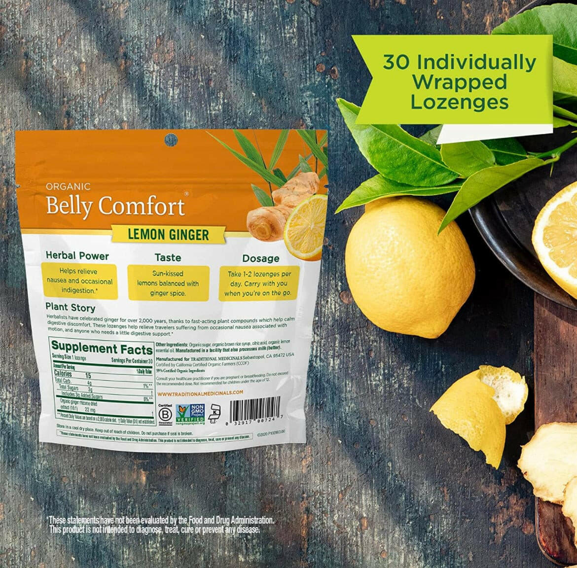 Traditional Medicinals Organic Belly Comfort Lemon Ginger Lozenges - Nausea Relief - 30 Count.