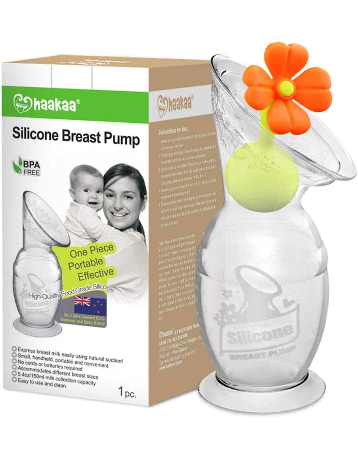 Manual Breast Pump with Suction Base and Flower Stopper by haakaa, 150ml.