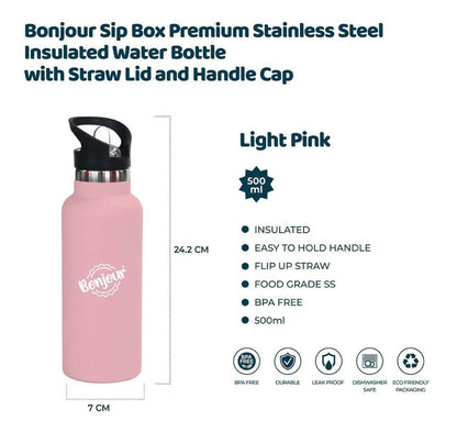 Bonjour Sip Box Premium Stainless Steel Insulated Water Bottle with Straw Lid and Handle Cap.