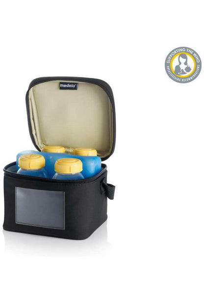 Medela Breast Milk Cooler and Transport Set, 5 ounce Bottles with Lids, Contoured Ice Pack, Cooler Carrier Bag.