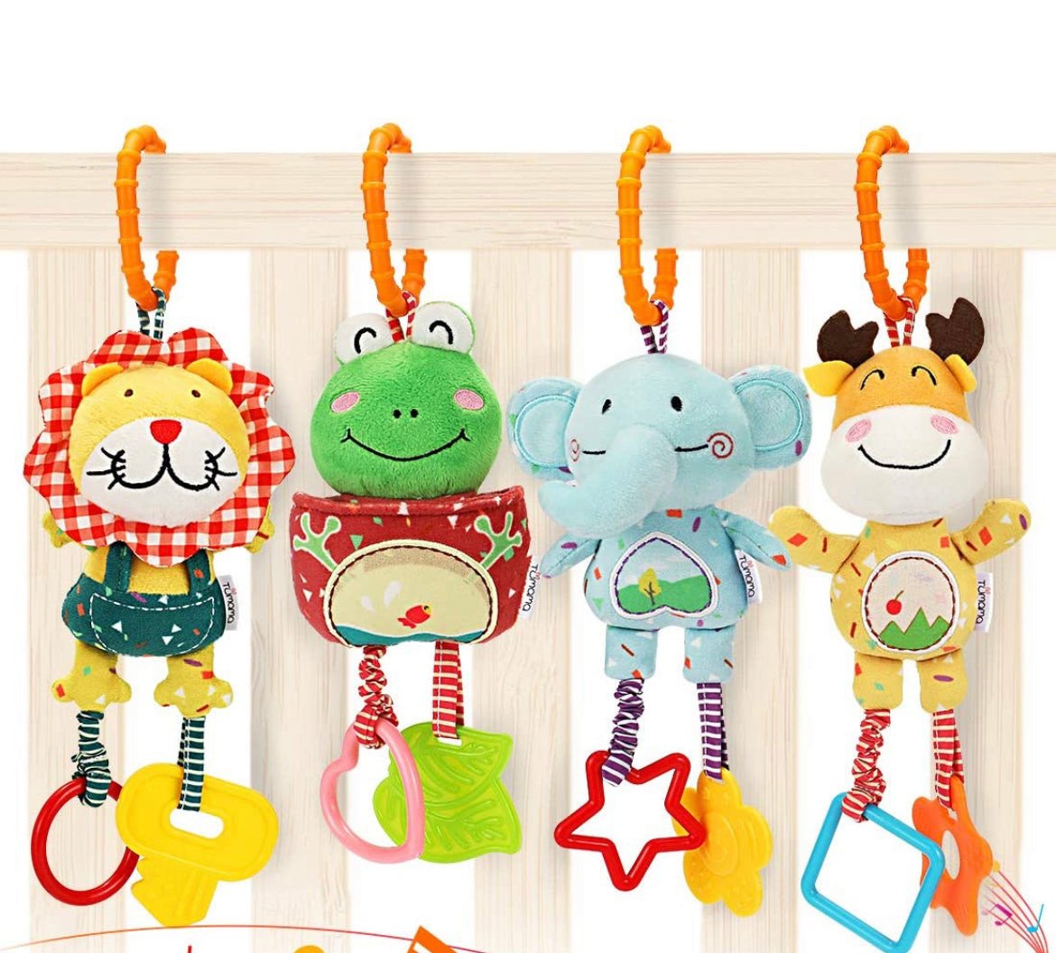 TUMAMA Baby Toys for 0, 3, 6, 9, 12 Months, Handbells Baby Rattles, Soft Plush Early Development Stroller Car Toys for Infant, 4 Pack.