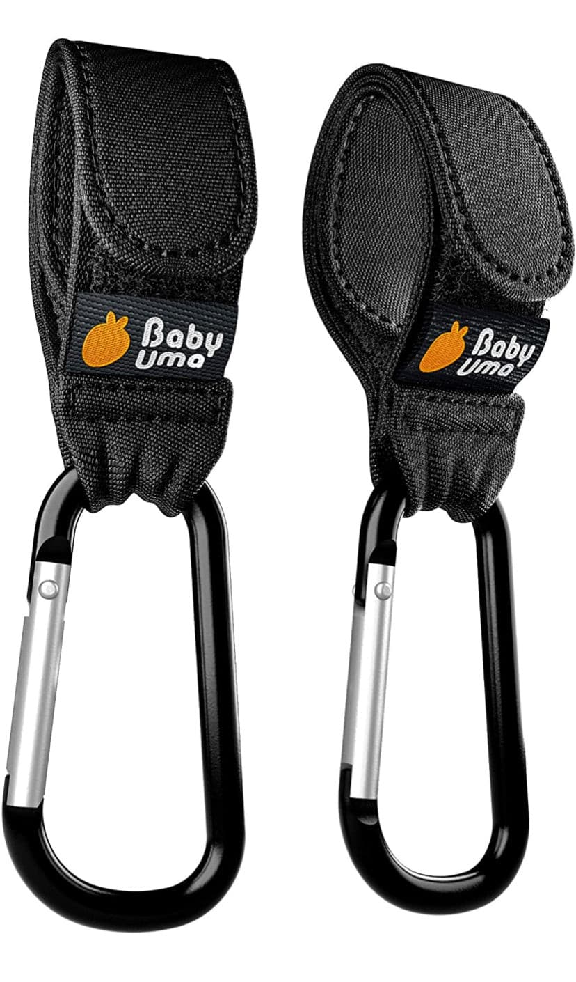 Stroller Hooks by Baby Uma - Strap, Clip or Hang a Diaper Bag to Your Pram or Buggy - Black, 2 Pack.