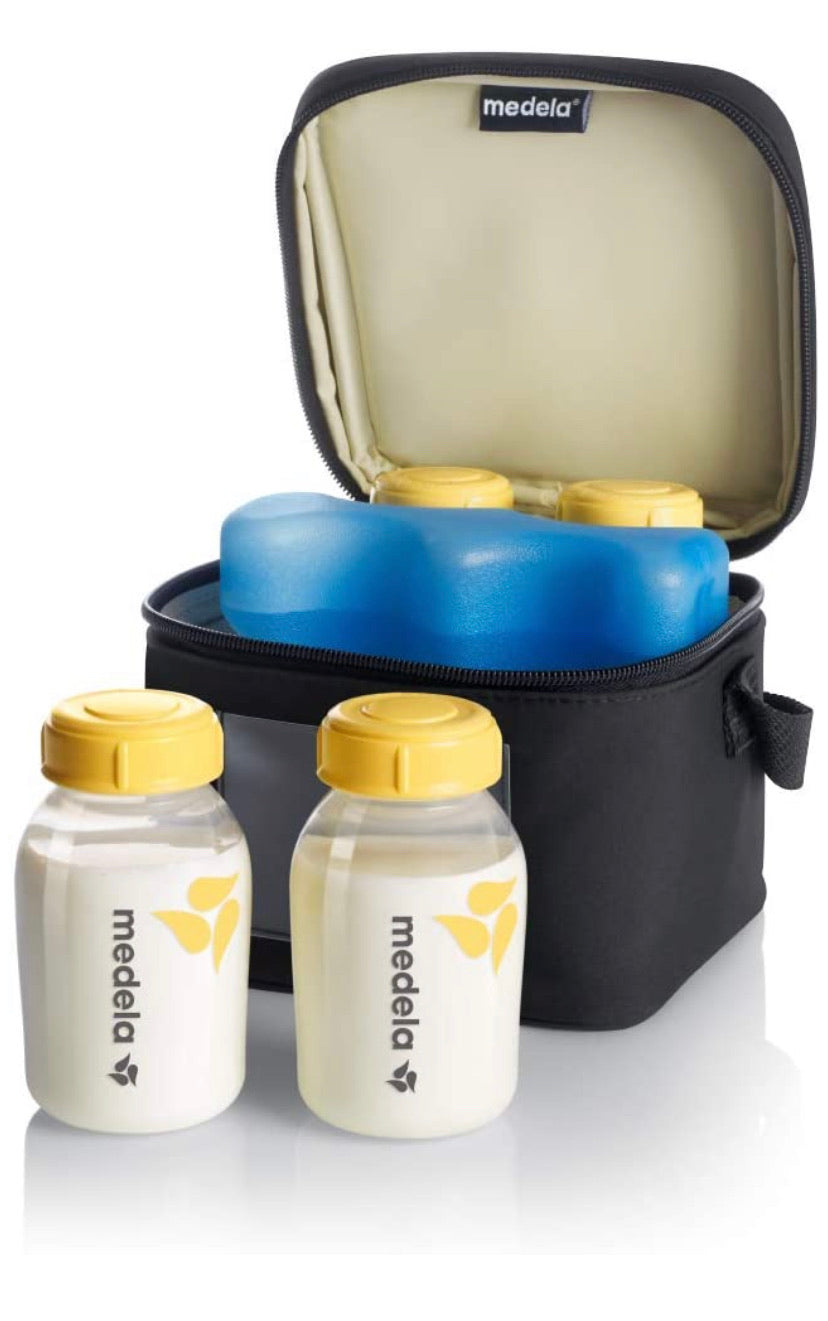 Medela Breast Milk Cooler and Transport Set, 5 ounce Bottles with Lids, Contoured Ice Pack, Cooler Carrier Bag.
