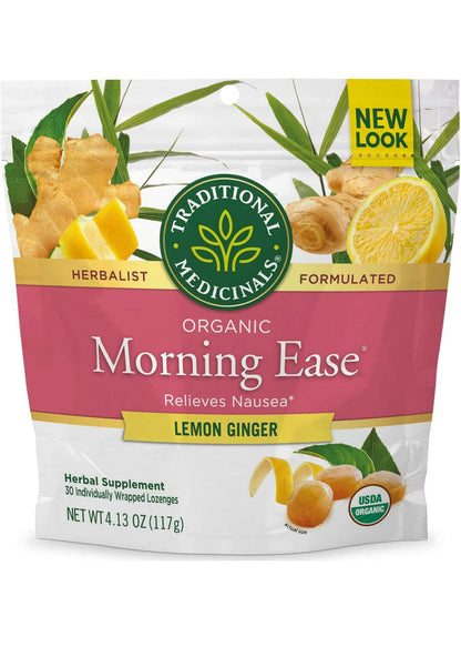 Traditional Medicinals Organic Morning Ease Anti-Nausea Lozenges, Relieves Morning Sickness Associated with Pregnancy, Lemon Ginger (30 count).