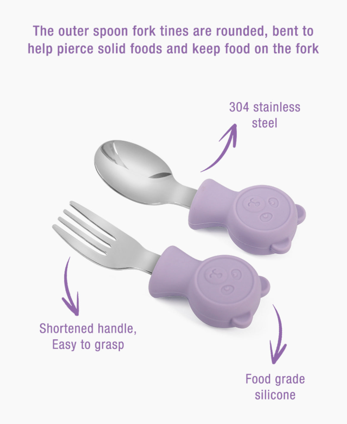 Baby Self Feeding Spoon and Fork ,Silicone and Stainless Steel for Toddler.