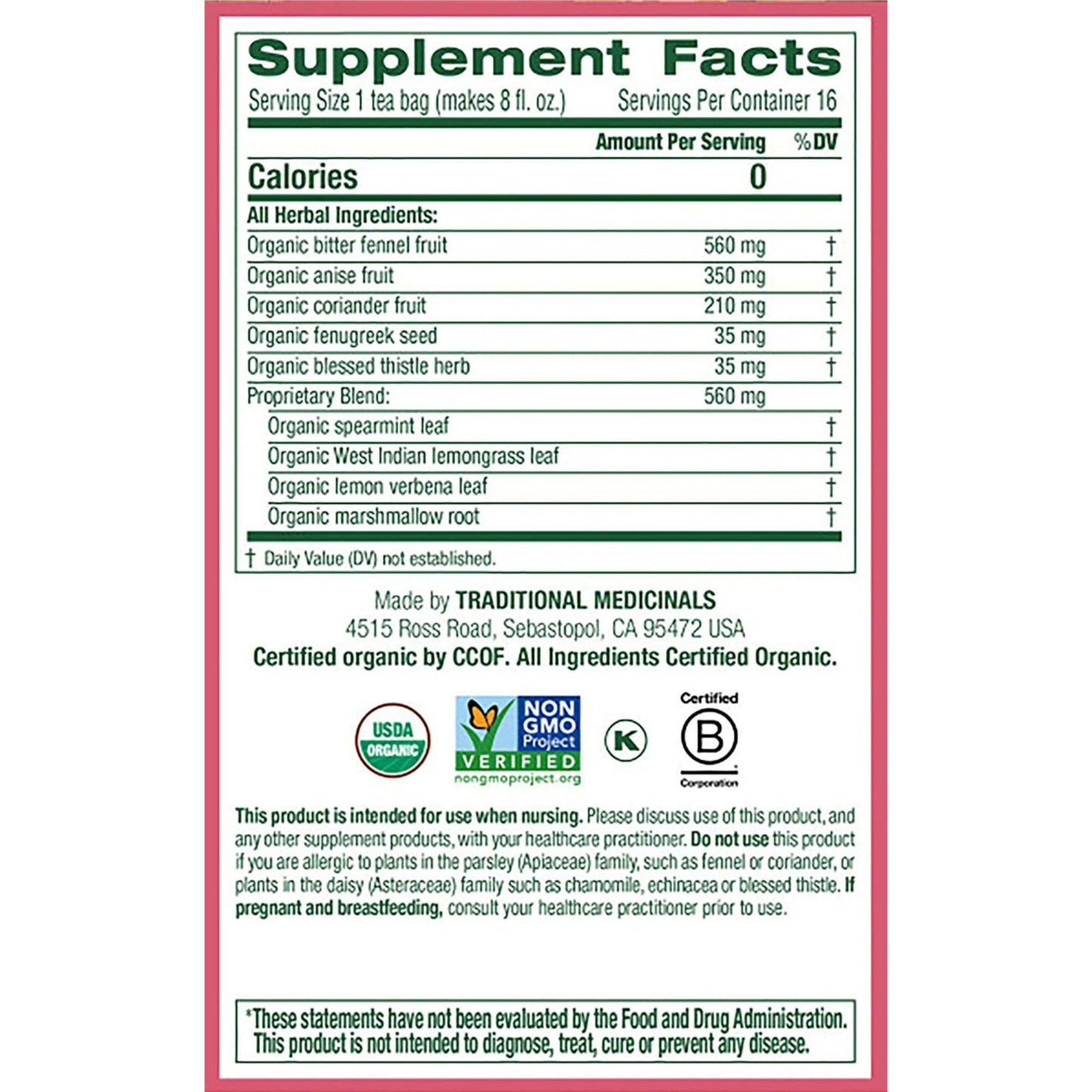 Traditional Medicinals Mother's Milk, Women's Tea, Organic, 16 CT.