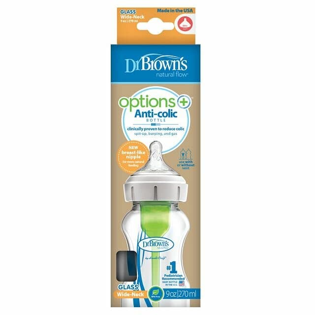 Glass Wide-Neck Baby Bottle by Dr Brown, 270ml.