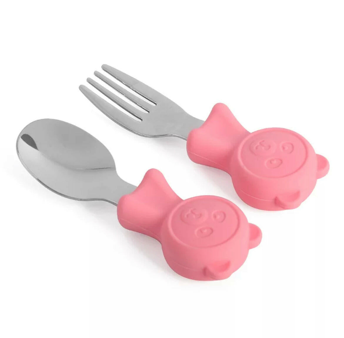 Baby Self Feeding Spoon and Fork ,Silicone and Stainless Steel for Toddler.