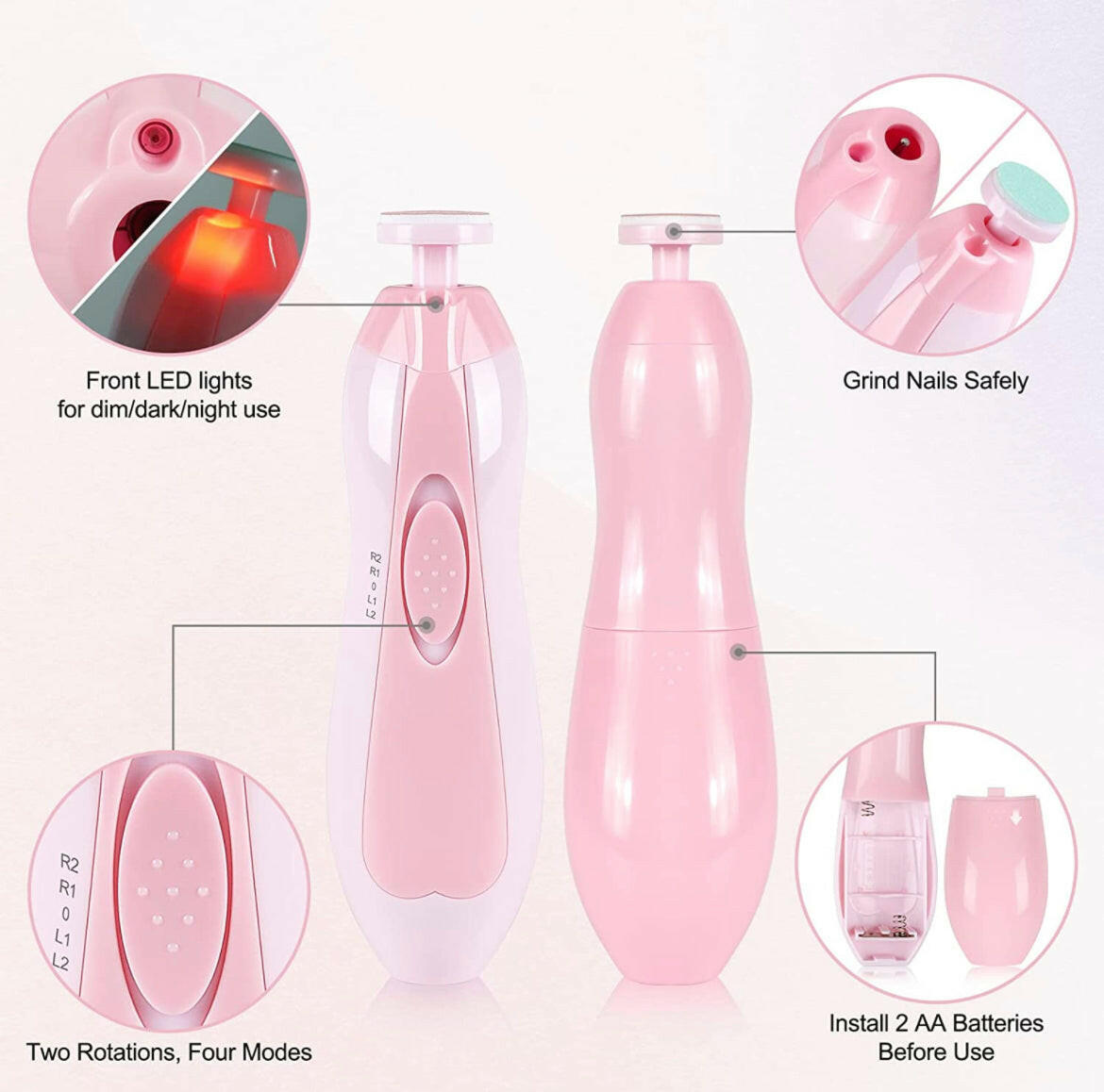 Baby Electric Nail Trimmer Manicure Set with LED Light- Pink.