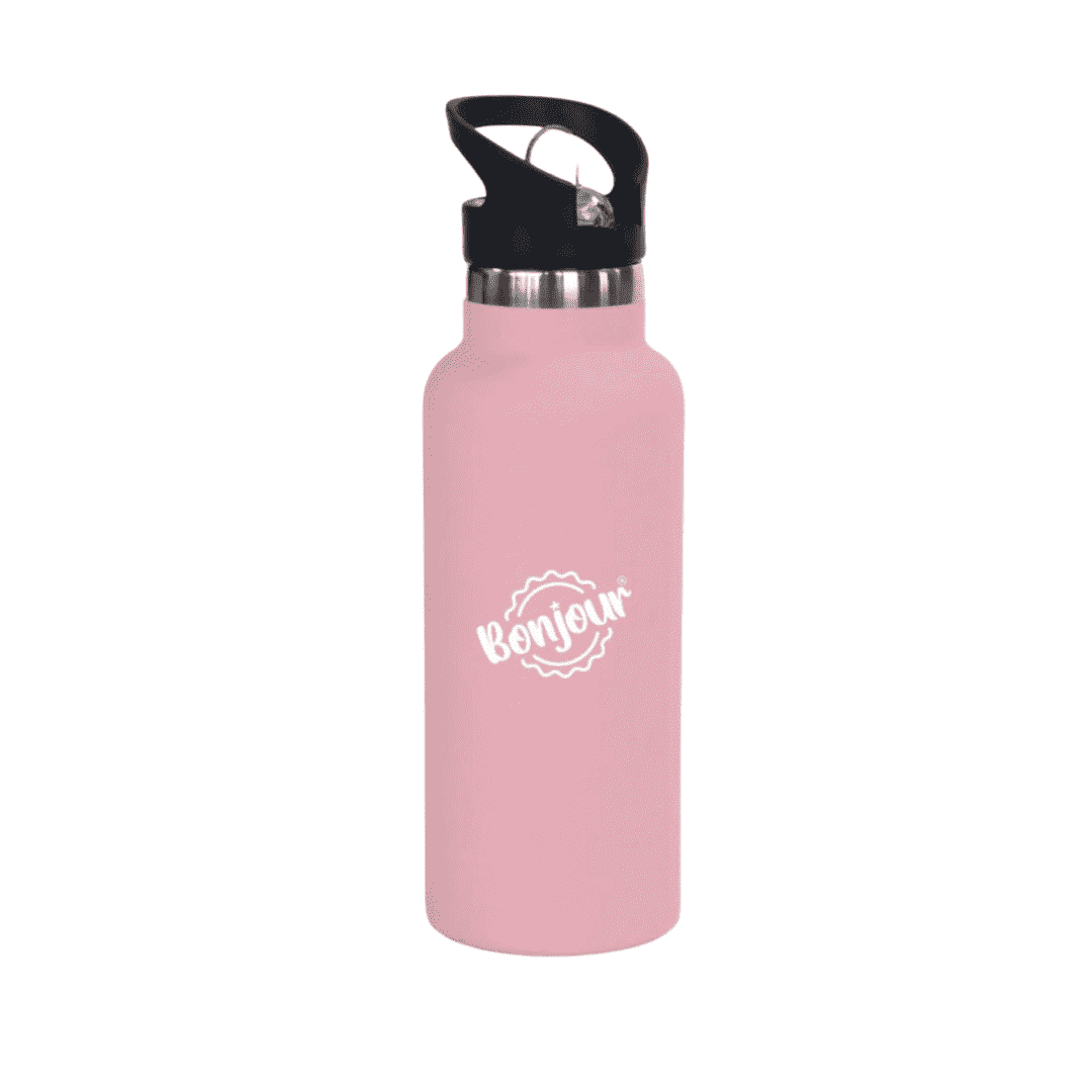Bonjour Sip Box Premium Stainless Steel Insulated Water Bottle with Straw Lid and Handle Cap.