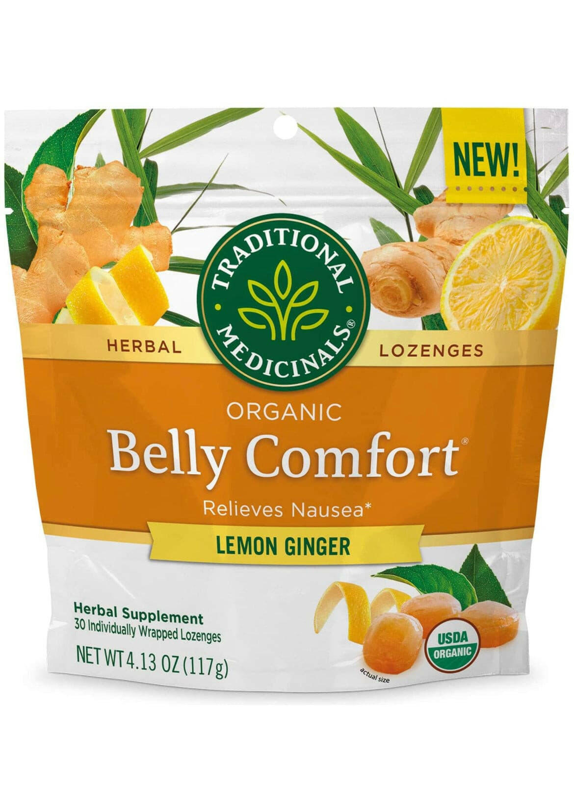 Traditional Medicinals Organic Belly Comfort Lemon Ginger Lozenges - Nausea Relief - 30 Count.