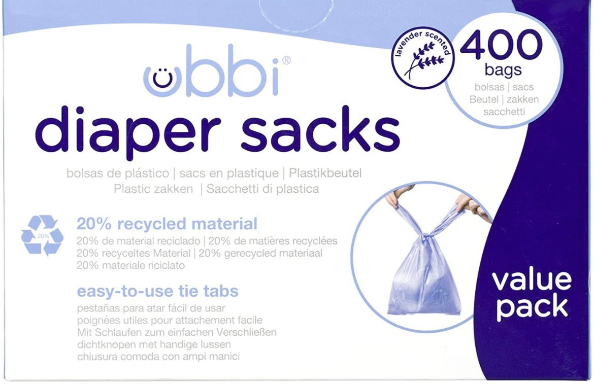 Ubbi Disposable Diaper Sacks, Lavender Scented, Easy-To-Tie Tabs, Made with Recycled Material, Diaper Disposal or Pet Waste Bags, 400 count.