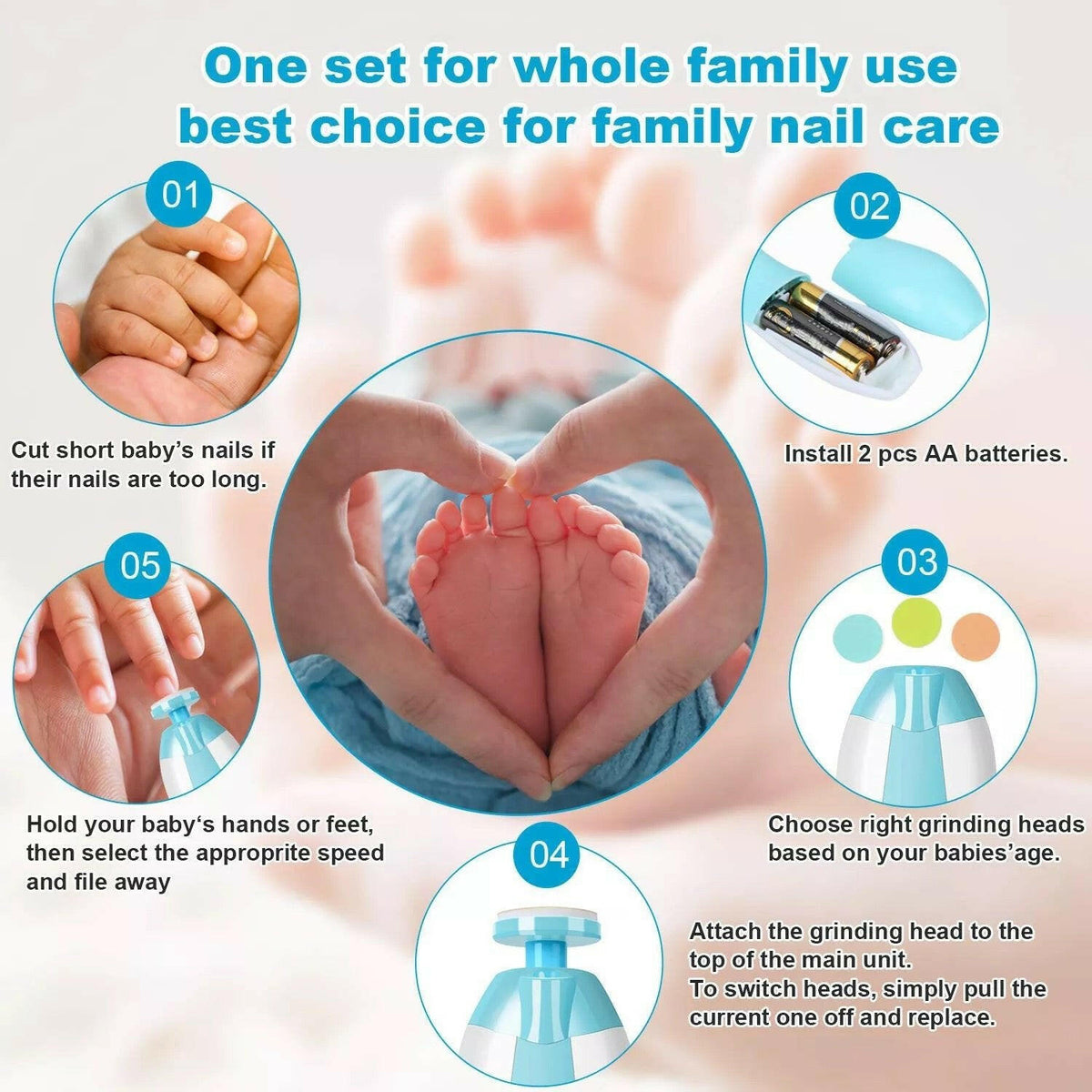 Baby Electric Nail Trimmer Set with LED Light - Blue.