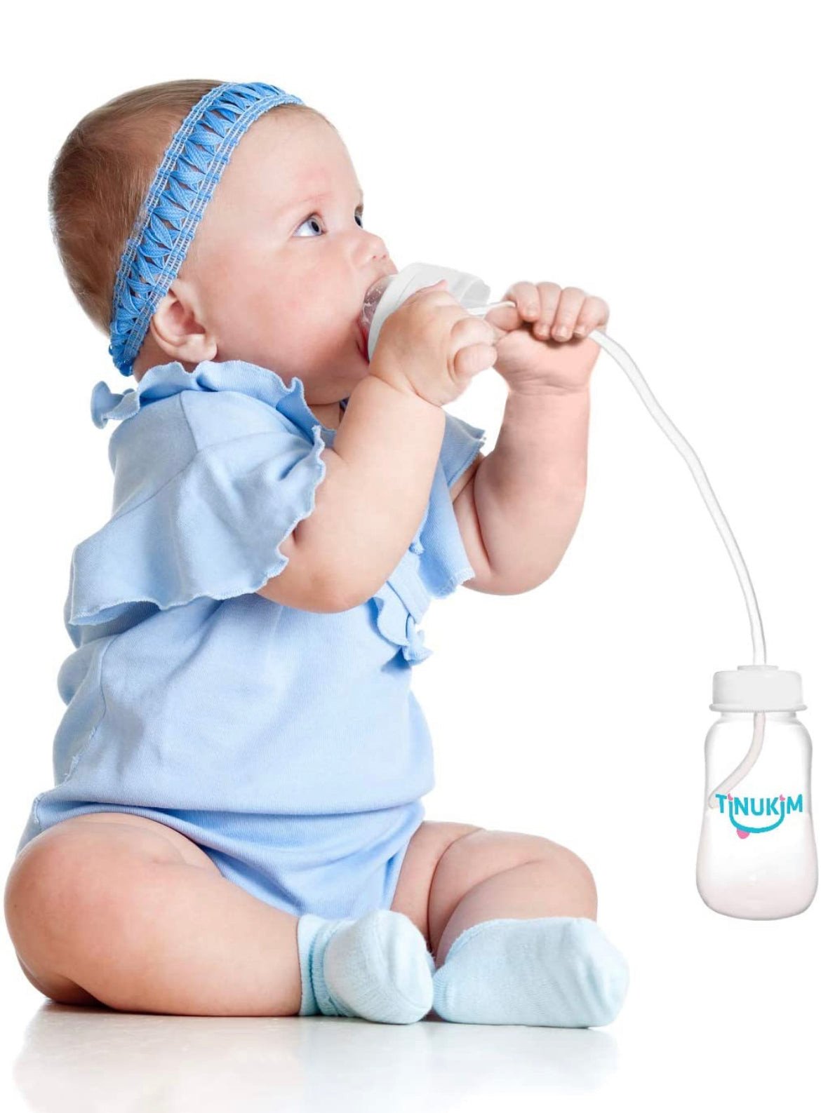 Tinukim iFeed 9 Ounce Self Feeding Baby Bottle with Tube - Handless Anti-Colic Nursing System, White - 2-Pack.