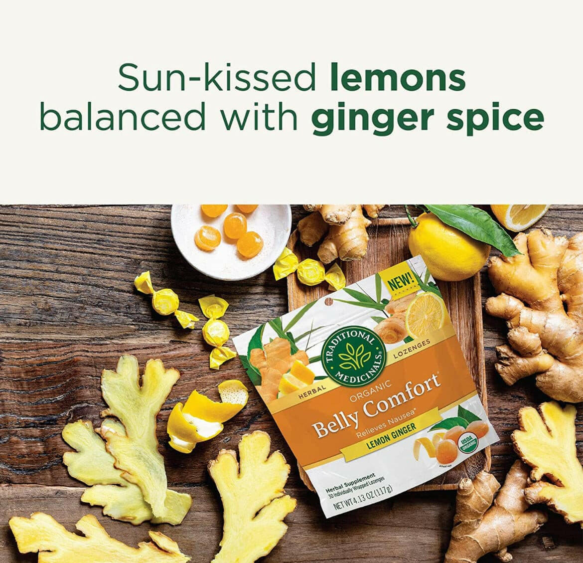 Traditional Medicinals Organic Belly Comfort Lemon Ginger Lozenges - Nausea Relief - 30 Count.