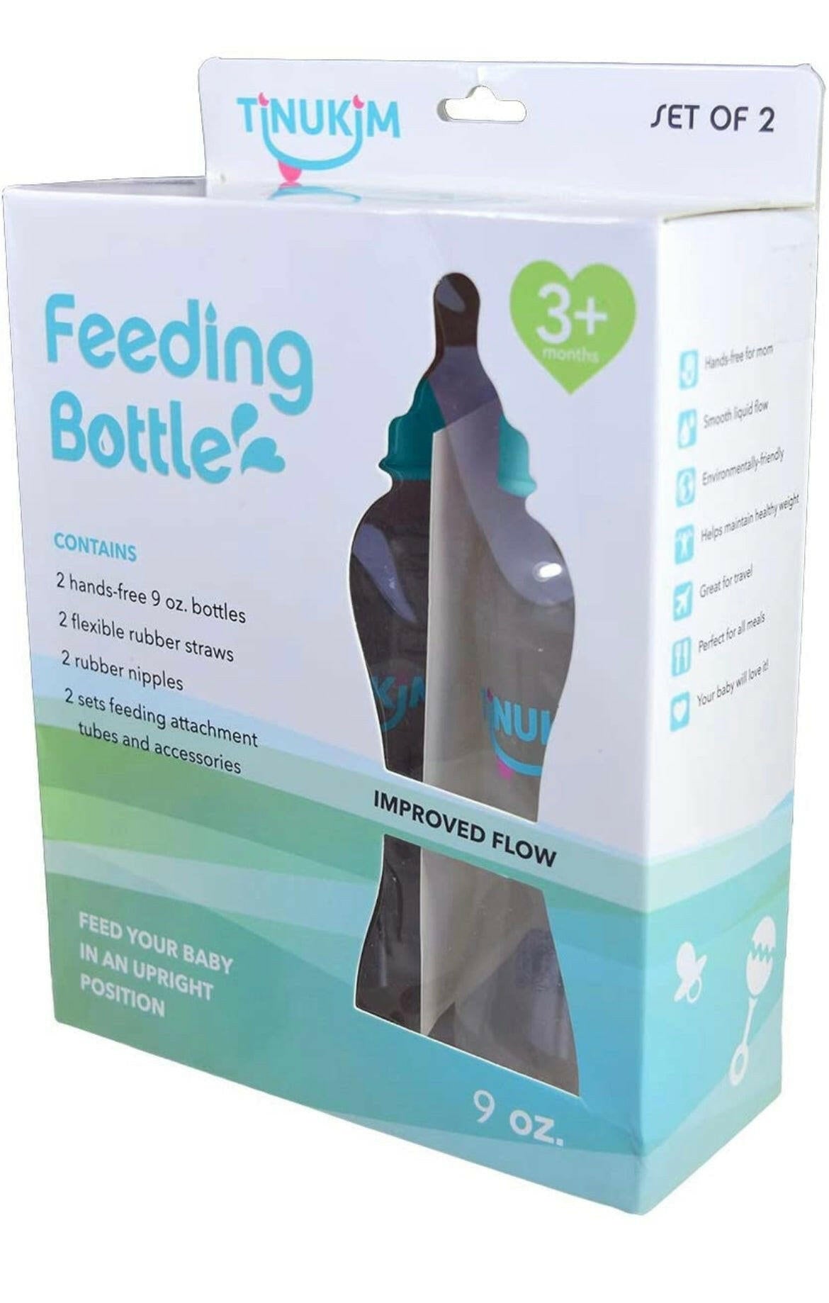 Tinukim iFeed 9 Ounce Self Feeding Baby Bottle with Tube - Handless Anti-Colic Nursing System, White - 2-Pack.