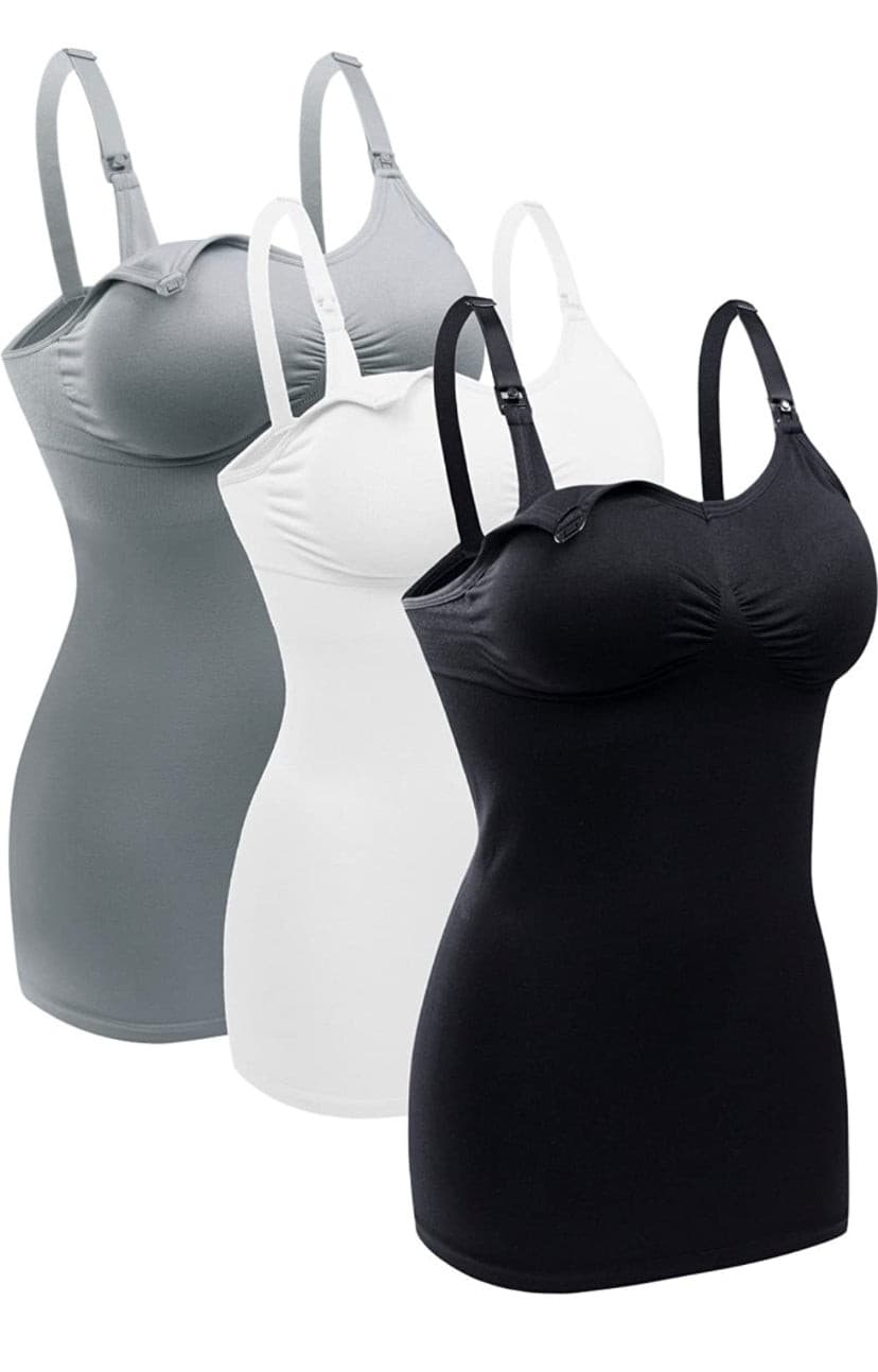 Breastfeeding-friendly maternity camis with built-in bras by  BRLIDO