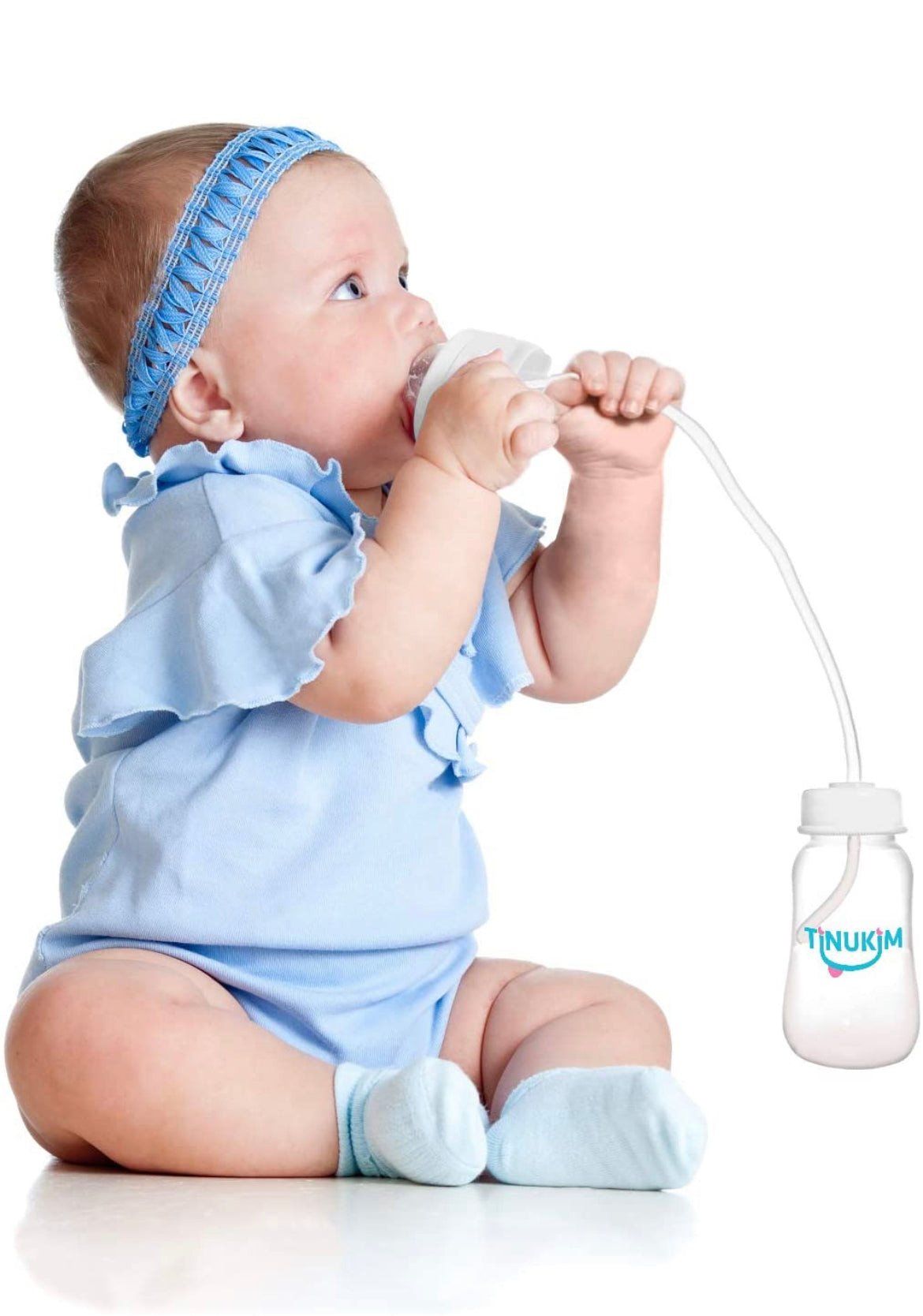 Tinukim iFeed 4 Ounce Self Feeding Baby Bottle with Tube - Handless Anti-Colic Nursing System, White - 2-Pack.