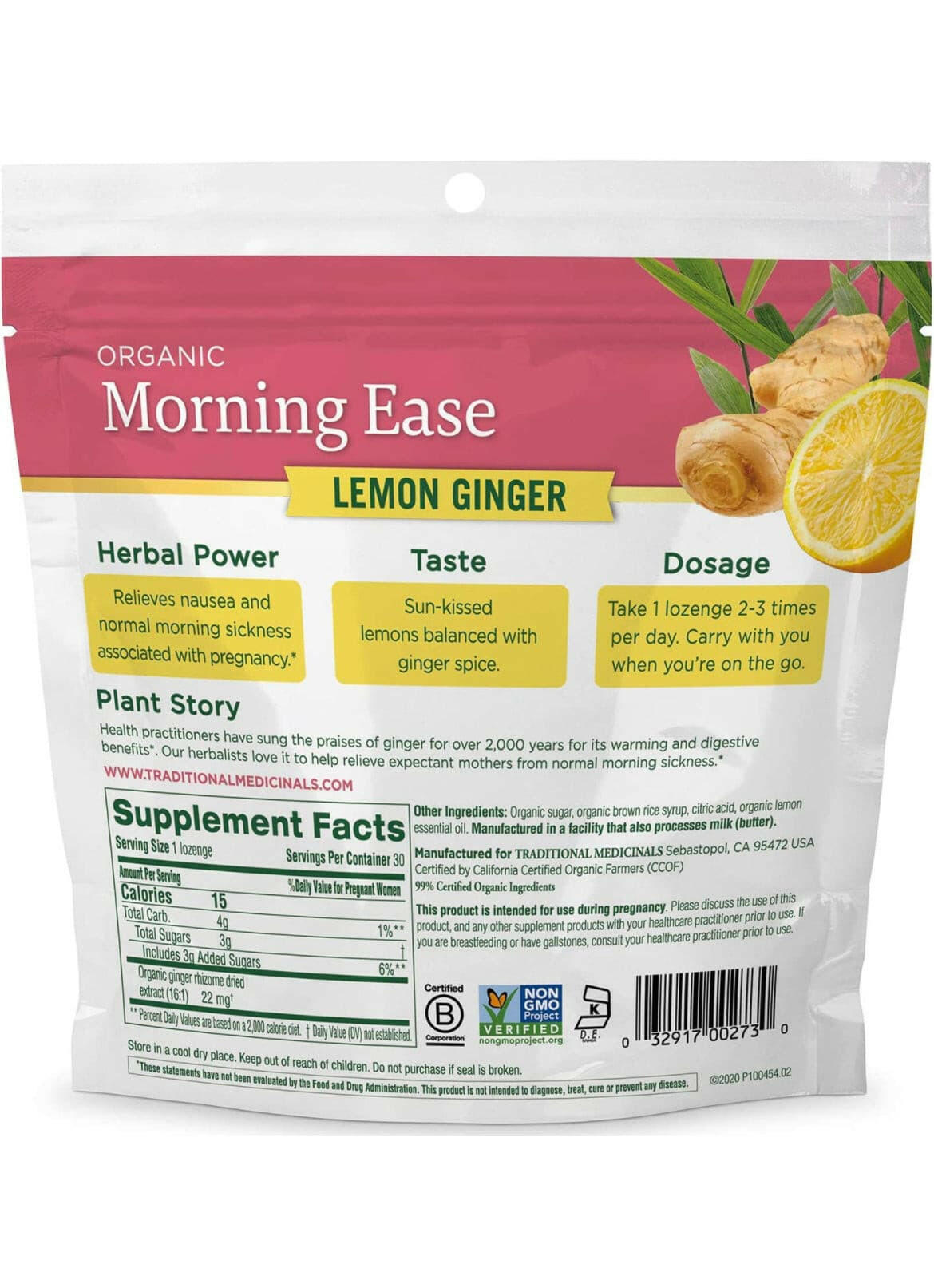 Traditional Medicinals Organic Morning Ease Anti-Nausea Lozenges, Relieves Morning Sickness Associated with Pregnancy, Lemon Ginger (30 count).