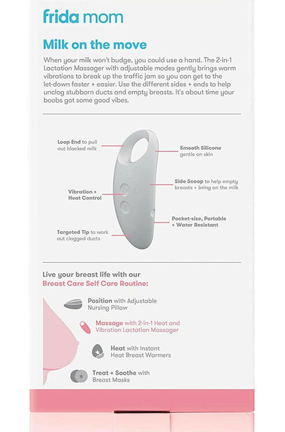 Frida Mom 2-in-1 Lactation Massager - Multiple Modes of Heat + Vibration for Clogged Milk Ducts, Increase Milk Flow, Breast Engorgement - USB Cord Included.