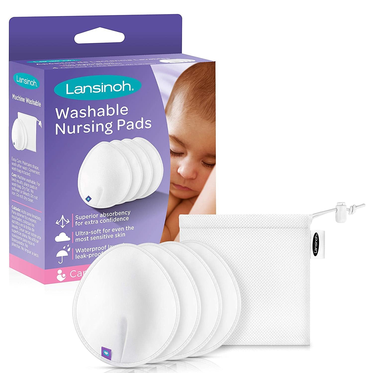 Lansinoh Reusable Nursing Pads for Breastfeeding Mothers, 4 Pads.